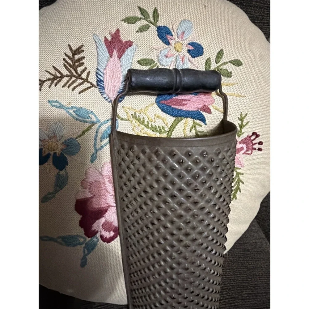 Primitive Punched Tin Kitchen Grater Half Round Wood Handle Farmhouse 1900's